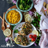 Chicken breast with coriander & garlic sauce and veggies