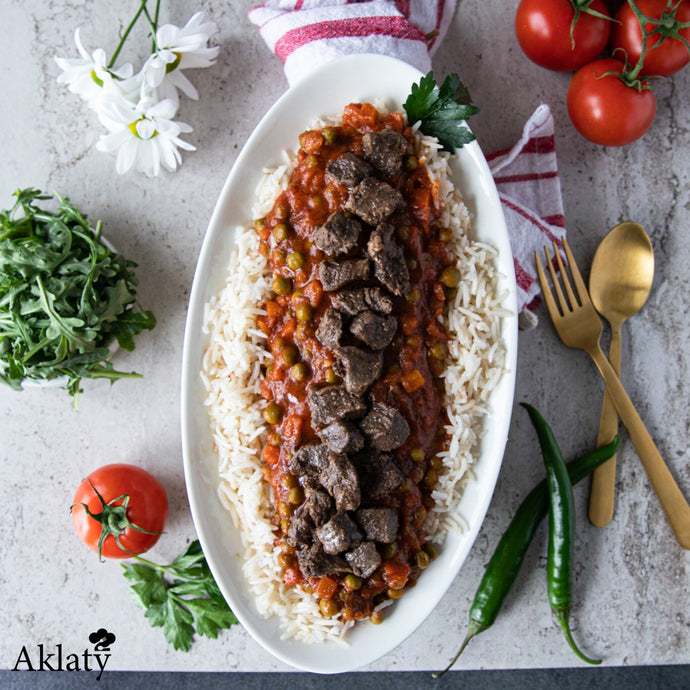 Pea Stew (Bazela) with beef & rice