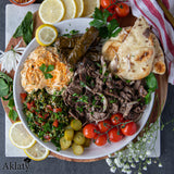 Beef Shawerma Platter(hummus, tabouleh, yalanji, pickles & bread)